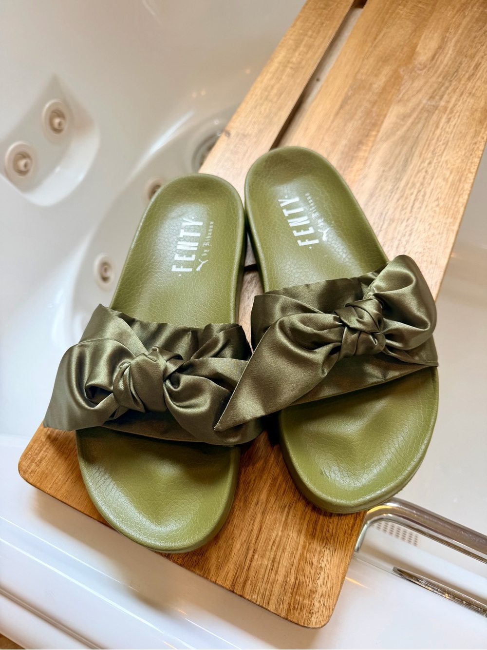 Puma x Fenty women’s Bow Slide in the Olive colorway